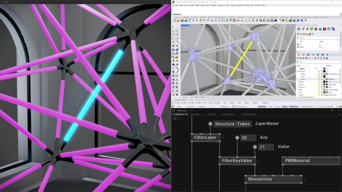 VL.Rhino, Rhino 8 geometry rendered live in the Stride realtime engine via vvvv